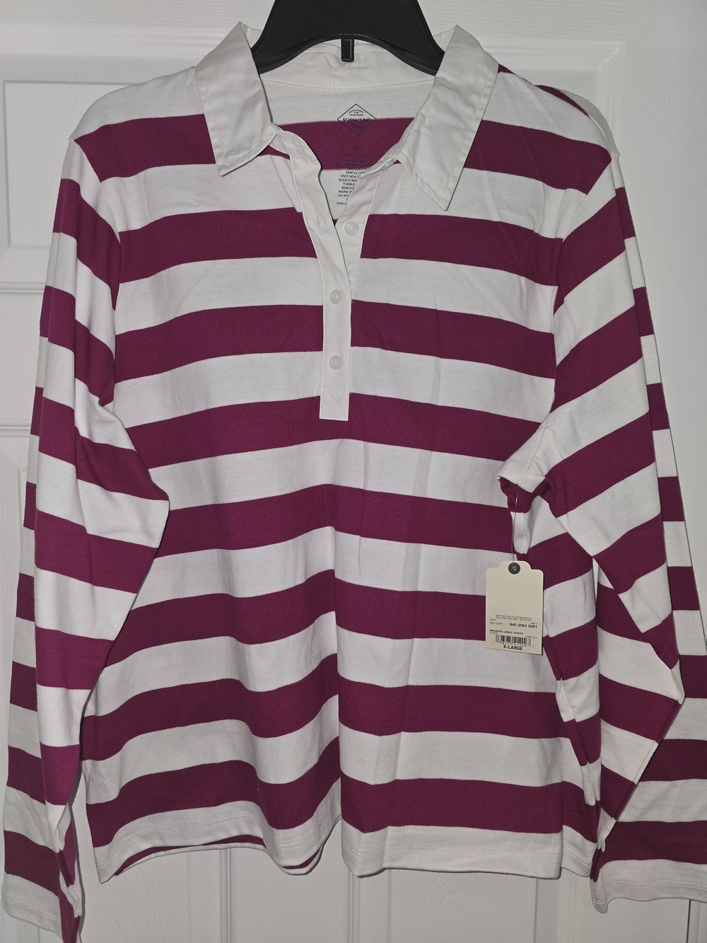 St. John's Bay Berry and White Striped Long-Sleeve Polo